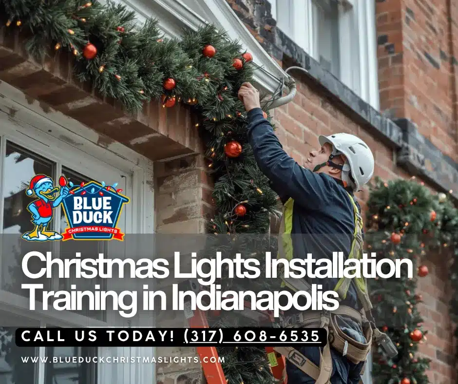 A technician receives hands-on Christmas lights installation training in Indianapolis from Blue Duck, learning proper techniques on a residential roofline during onsite instruction.