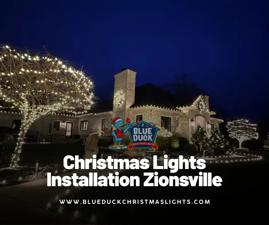 This stunning property showcases Christmas lights installation Zionsville homeowners love, with roofline illumination, wrapped trees, and custom wreaths from Blue Duck Christmas Lights.