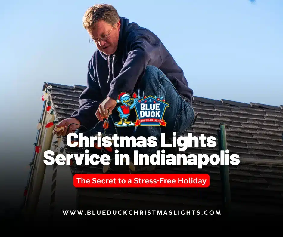 Blue Duck Christmas Lights technician installs commercial-grade exterior lighting on a roof, showcasing the Christmas lights service in Indianapolis that eliminates DIY ladder work for families.