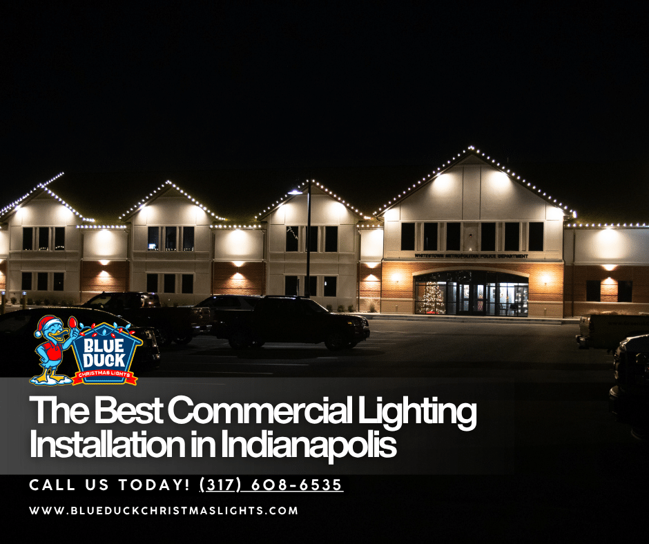 Commercial lighting installation by Blue Duck Christmas Lights helps this Indianapolis business stand out after dark, attracting customers from surrounding communities all year.