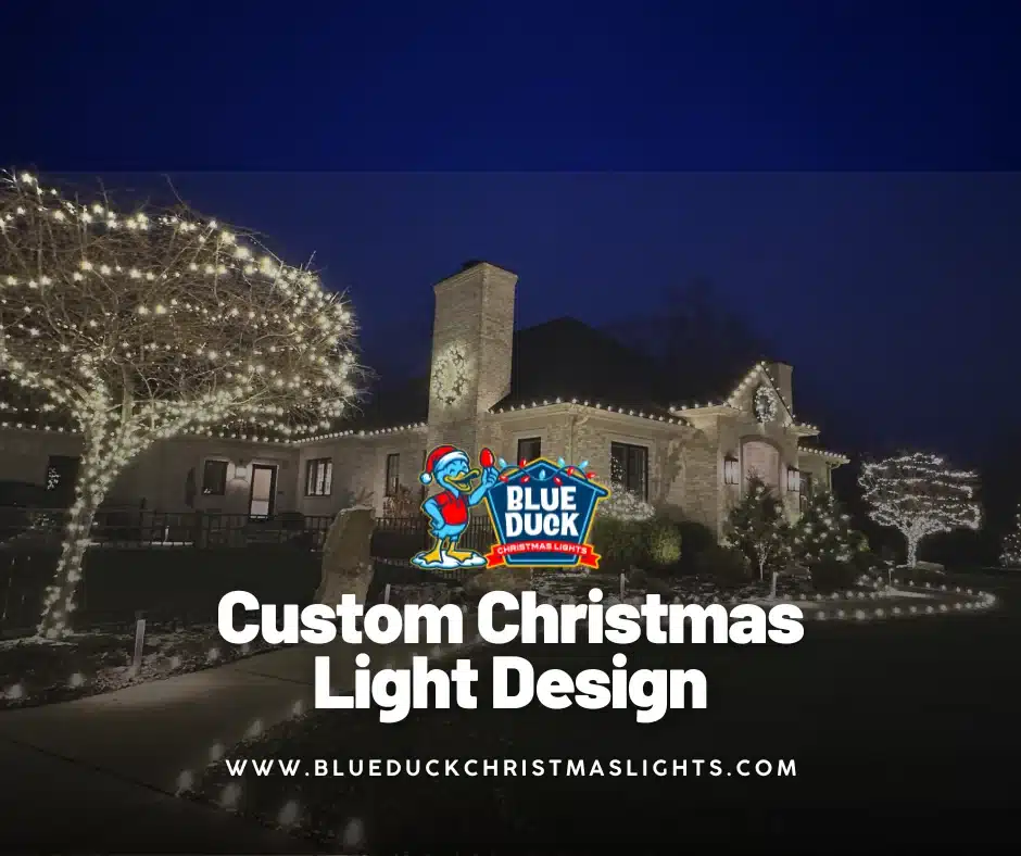 Custom Christmas light design from Blue Duck Christmas Lights transformed this home in Fishers, Indiana with exterior lighting, tree & shrub lighting, and Christmas wreaths tailored to its unique architecture.