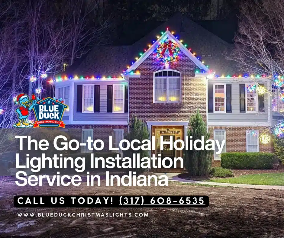 This home in Fishers, Indiana features custom Christmas light design by Blue Duck Christmas Lights with roofline illumination that highlights every gable, wrapped trees, and wreaths perfectly placed on each window.