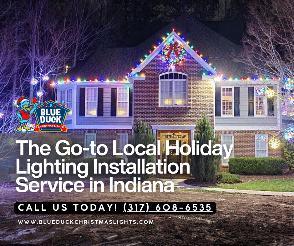 This home in Indiana features custom Christmas light design by Blue Duck Christmas Lights with roofline illumination that highlights every gable, wrapped trees, and wreaths perfectly placed on each window.