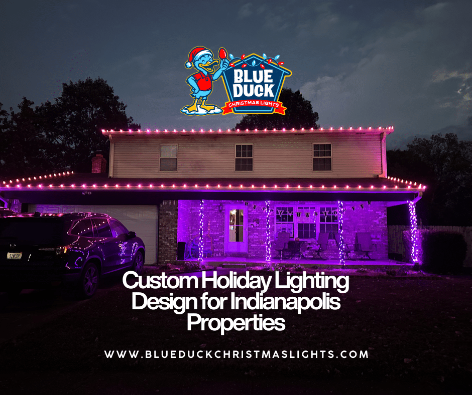 Custom holiday lighting design by Blue Duck Christmas Lights transforms this Indianapolis home, with professional illumination highlighting every architectural feature beautifully.