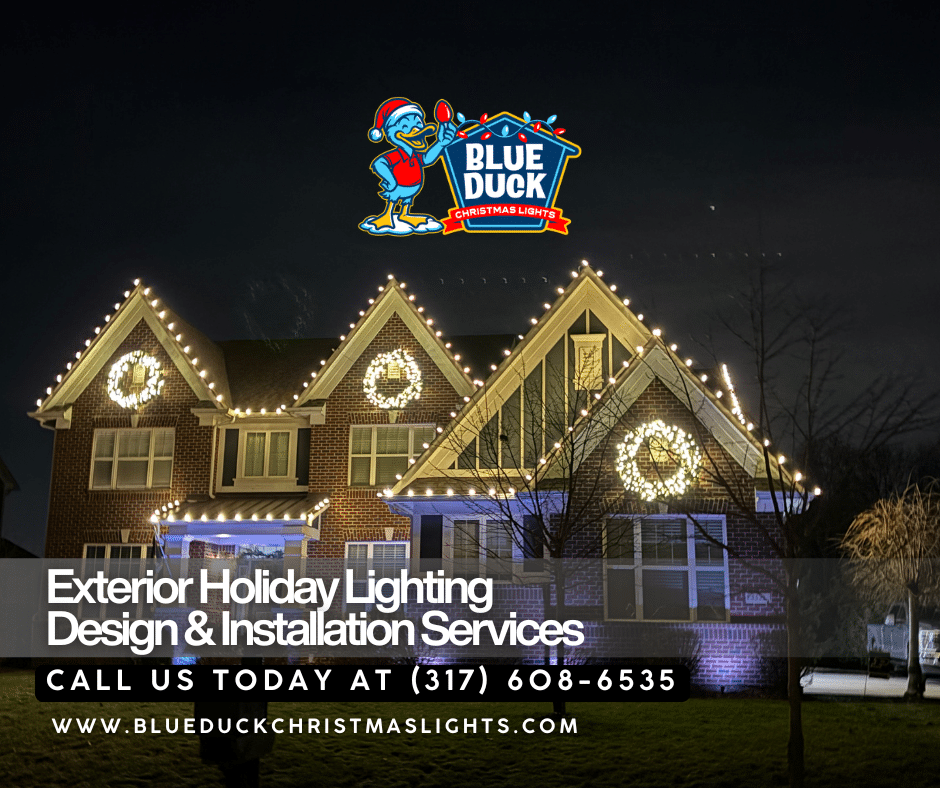 Warm exterior holiday lighting by Blue Duck Christmas Lights traces every architectural detail of this Indianapolis home, from graceful gables to wrapped trees and glowing entryways.