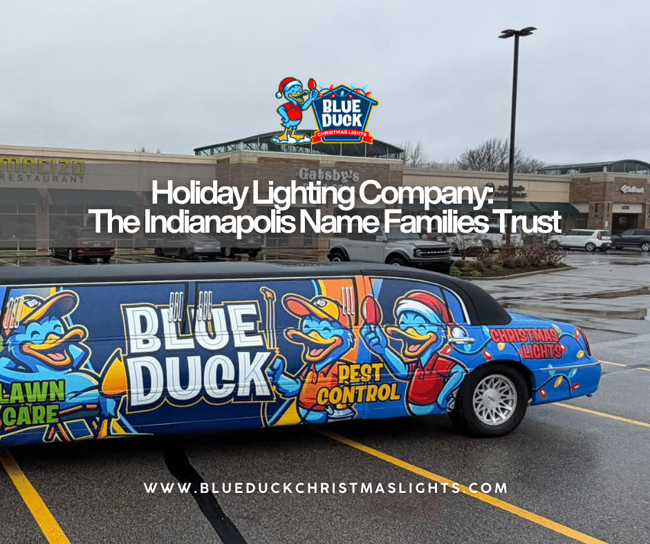 The Blue Duck Christmas Lights limo serves as a moving billboard for a holiday lighting company in Indianapolis that handles exterior lighting, tree & shrub lighting, indoor decor, and more.