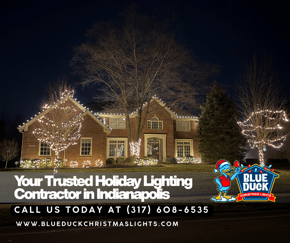 This beautifully lit home in Indianapolis showcases why hiring a holiday lighting contractor, like Blue Duck Christmas Lights, delivers flawless results, from perfectly placed strands to balanced landscape illumination.