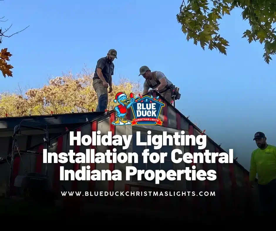 Blue Duck Christmas Lights technicians complete a holiday lighting installation on a home in Fishers, Central Indiana, showing how professional Christmas lights installation eliminates ladders and tangled strands for homeowners.