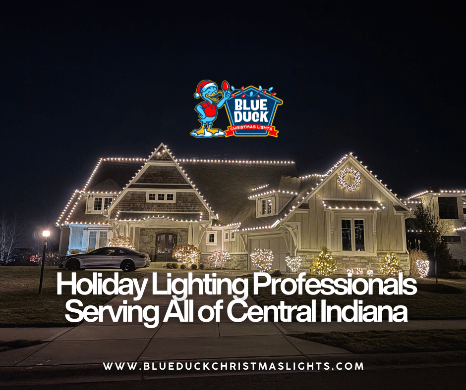 Holiday lighting professionals at Blue Duck Christmas Lights transformed this Indianapolis home with exterior lighting, tree & shrub lighting, and Christmas wreaths for a complete holiday look.