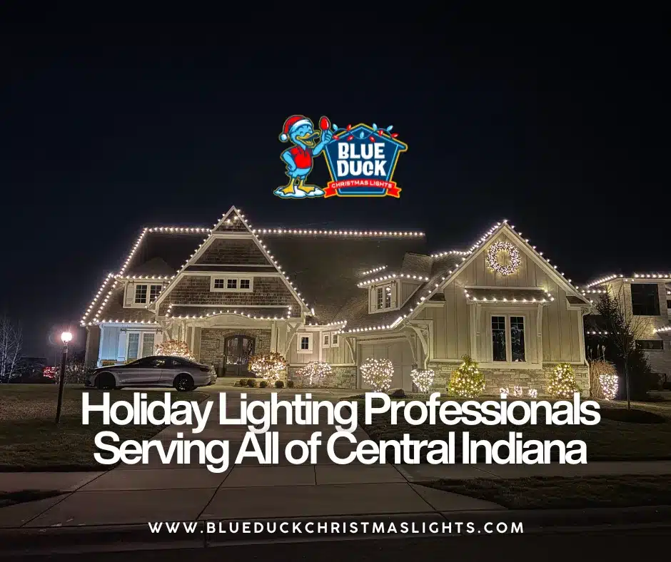 Holiday lighting professionals at Blue Duck Christmas Lights transformed this Indianapolis home with exterior lighting, tree & shrub lighting, and Christmas wreaths for a complete holiday look.