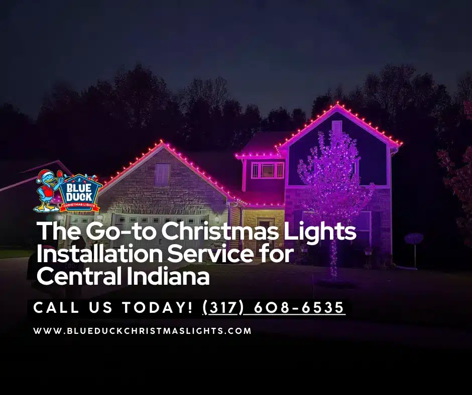 Blue Duck Christmas Lights transformed this Indianapolis property with exterior lighting, tree & shrub lighting, and Christmas wreaths, proving the holiday lights service cost is a smart investment.