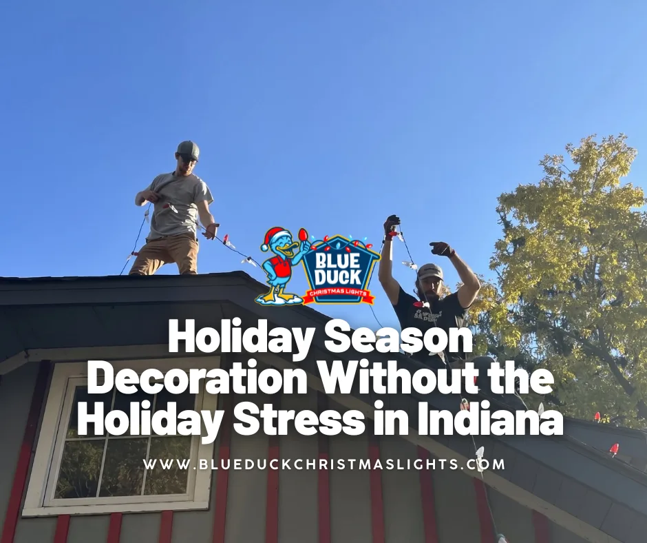 Blue Duck Christmas Lights technicians install custom holiday lighting on a Carmel home, delivering stress-free holiday season decoration with commercial-grade exterior lighting and Christmas wreaths