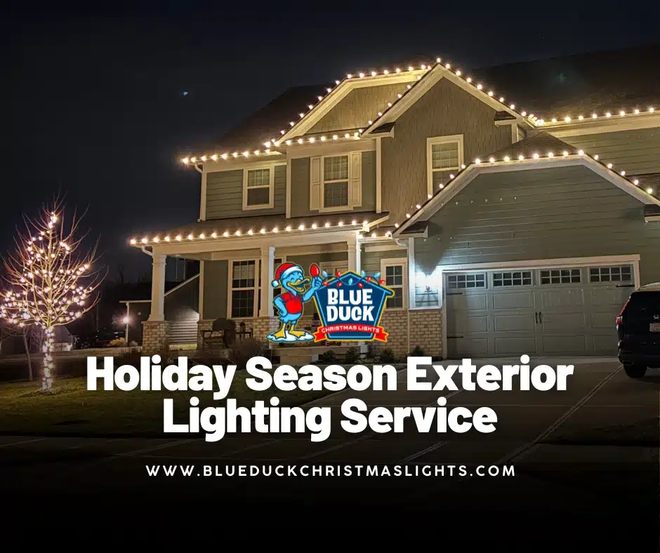 A beautifully decorated home with professional holiday season exterior lighting from Blue Duck Christmas Lights, featuring C9 roofline lights, ridgeline lighting, and tree & shrub lighting.