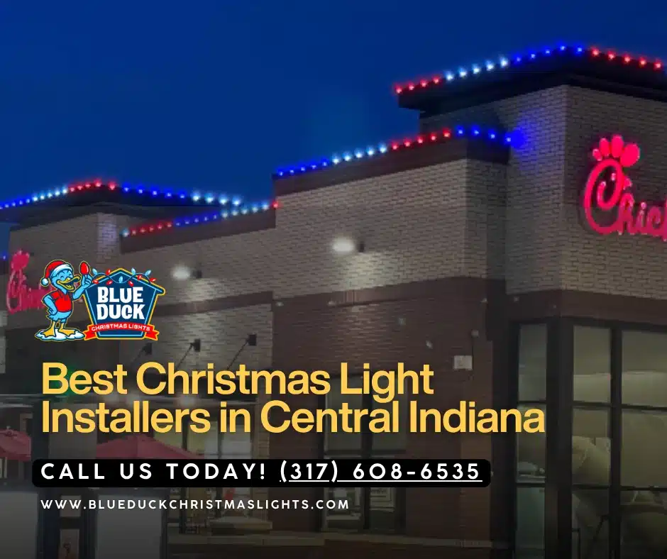 Blue Duck's holiday season exterior lighting transformed this commercial property in Fishers, Indiana with roofline illumination, mini lights for trees and shrubs, and a statement-making Christmas wreath.