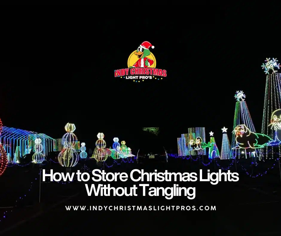 A beautiful outdoor Christmas lights in an Indianapolis park, demonstrating the correct method for how to store christmas lights to prevent tangling and without hassle by Indy Christmas Light Pros.