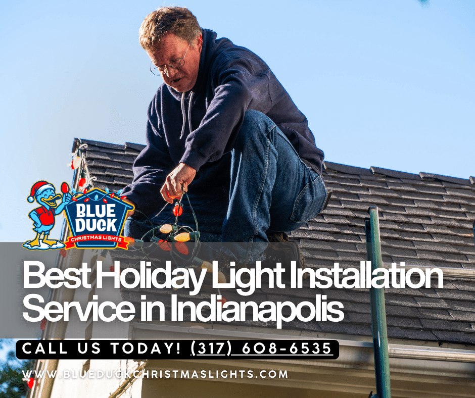 A Blue Duck Christmas Lights technician works safely on a rooftop, delivering Indianapolis best holiday lighting through professional installation and commercial-grade quality.