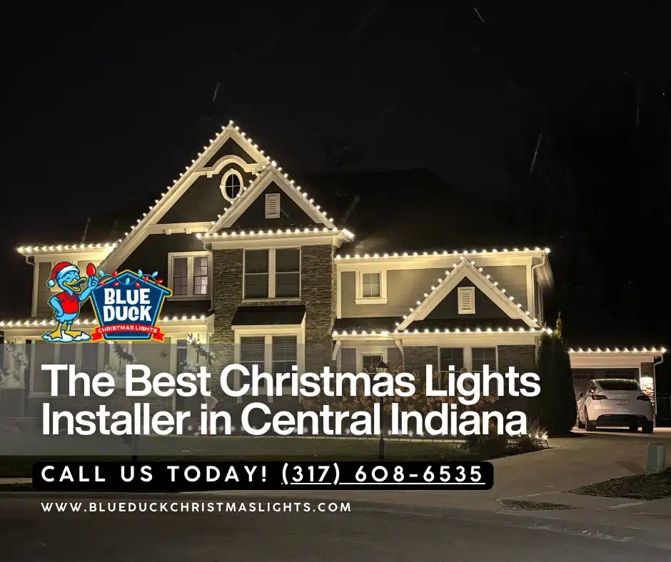 This beautifully lit home in Fishers, Indiana showcases why a local Christmas lighting company like Blue Duck Christmas Lights delivers better results, featuring roofline illumination, wrapped trees, and festive wreaths.