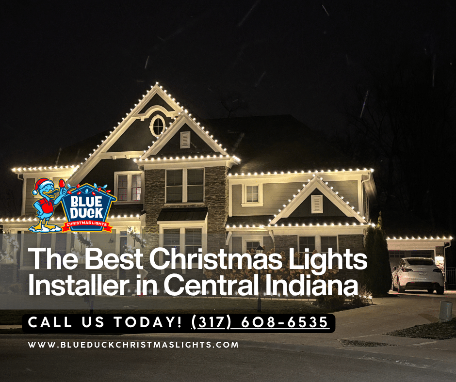 This beautifully lit Fishers home in Indianapolis showcases why a local Christmas lighting company like Blue Duck Christmas Lights delivers better results, featuring roofline illumination, wrapped trees, and festive wreaths.