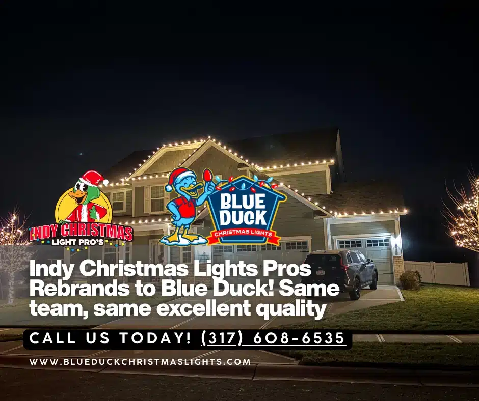 Side by side logos of Indy Christmas Lights Pros and Blue Duck Christmas Lights over a decorated house, representing a seamless rebrand with no change in service quality.