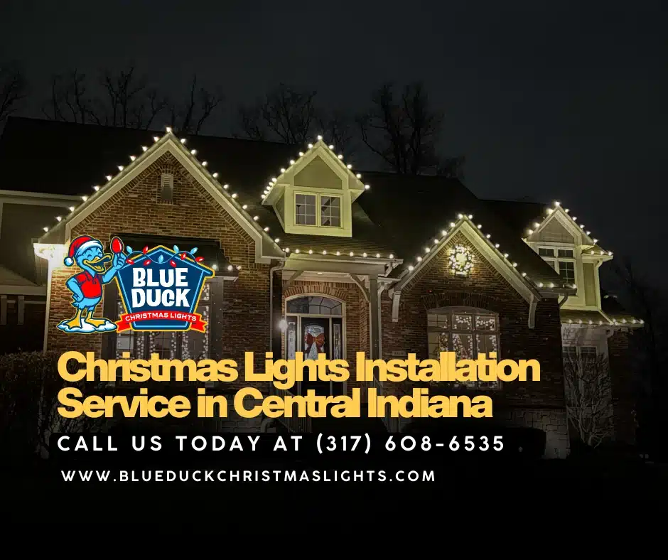 Blue Duck Christmas Lights crew completed this permanent Christmas lights installation for a home in Carmel, Indiana, with exterior lighting, tree & shrub lighting, and custom displays for every season.