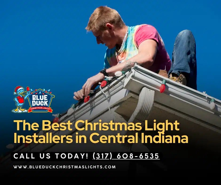A trained Blue Duck Christmas Lights installer works on a permanent holiday lighting installation for a home in Indianapolis, showing the care and precision that goes into every project.