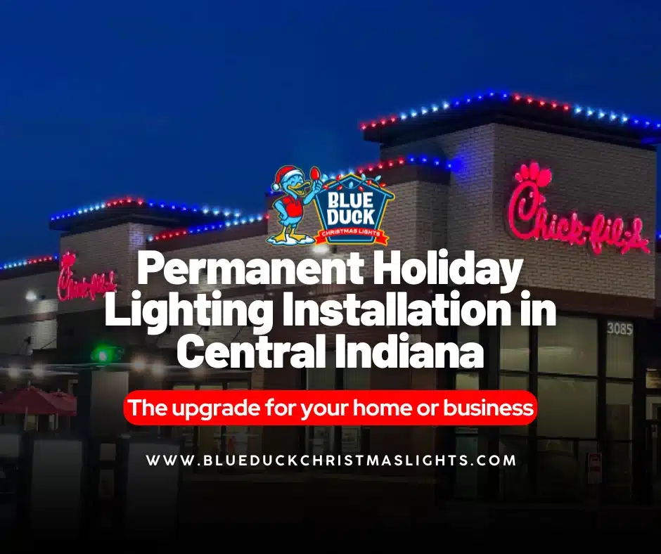 This restaurant in Indianapolis features permanent holiday lighting installation by Blue Duck Christmas Lights, with low-profile roofline lights that blend in during the day and shine bright at night.