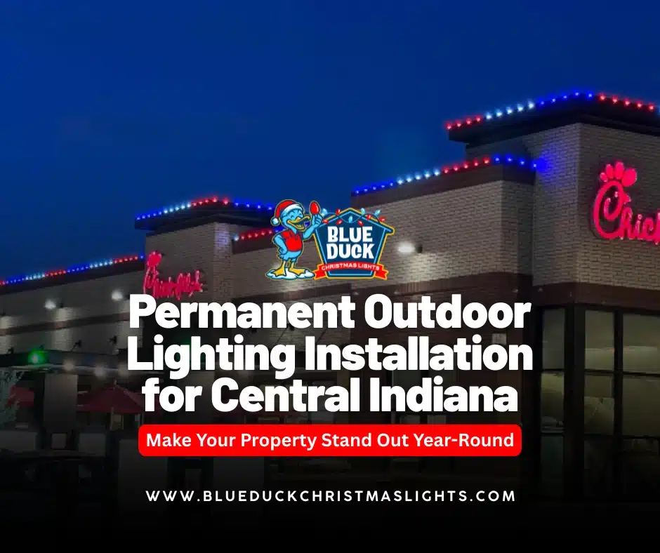 An Indianapolis commercial property with permanent outdoor lighting installation from Blue Duck, featuring year-round exterior lighting that enhances curb appeal and attracts evening customers.