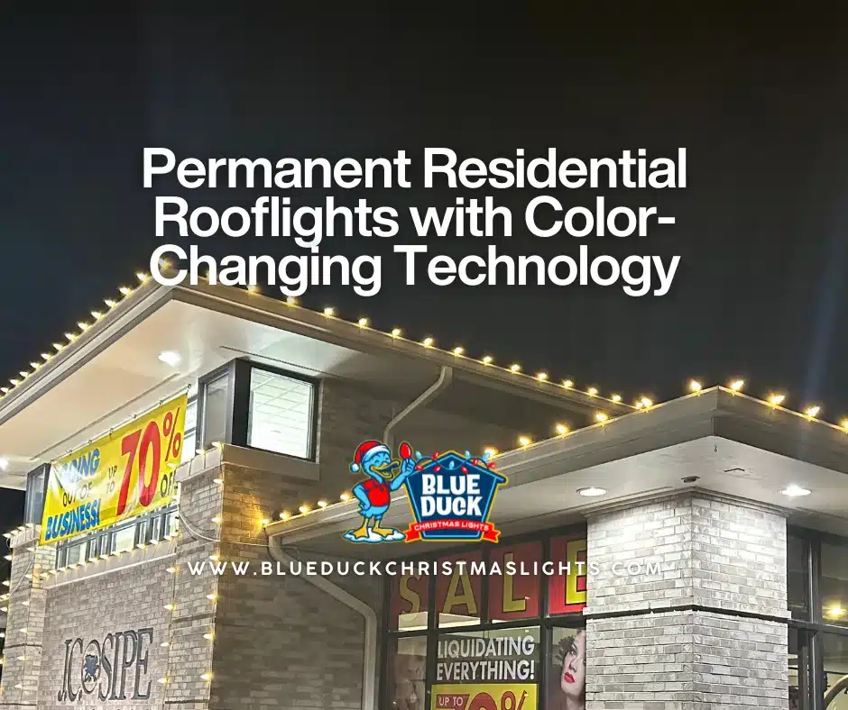 This Indianapolis home features permanent residential rooflights from Blue Duck Christmas Lights that eliminate ladder work and storage bins, with exterior lighting that shifts colors for Christmas, Halloween, and summer parties.