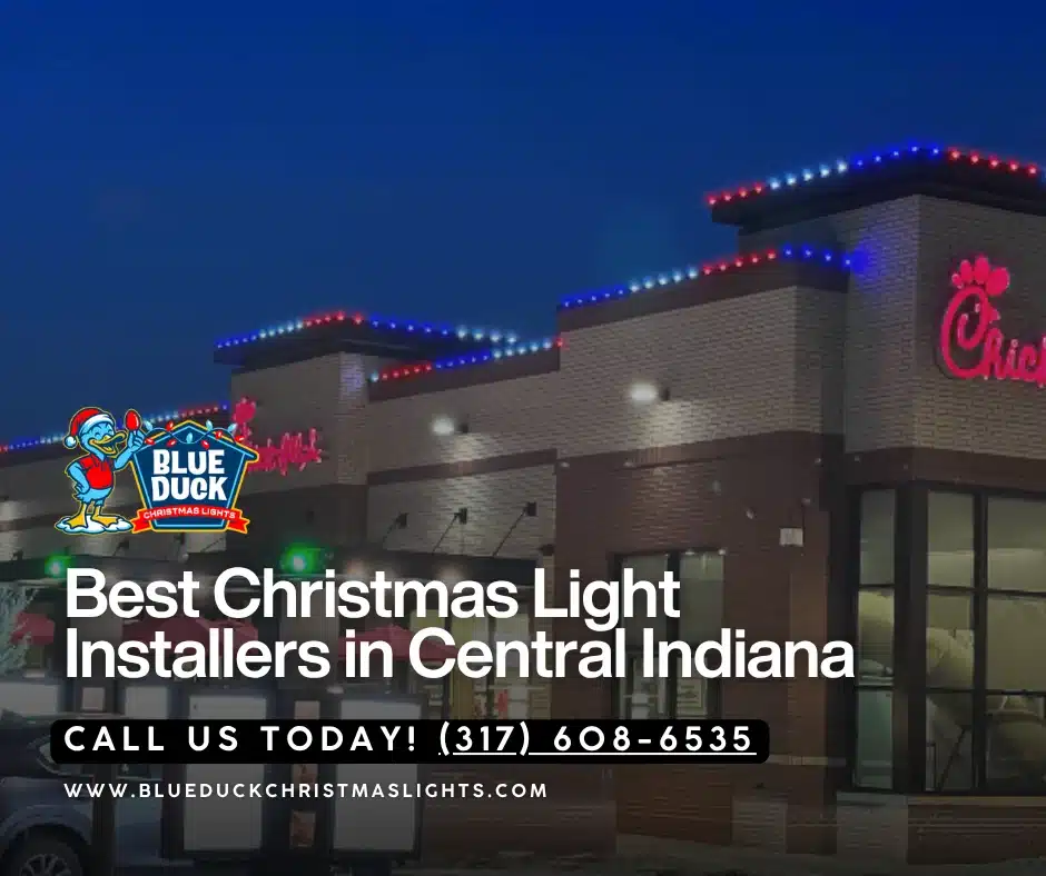 Blue Duck's professional Christmas light design created this show-stopping display for a home in Indianapolis with exterior lighting, tree & shrub lighting, and permanent lighting options.