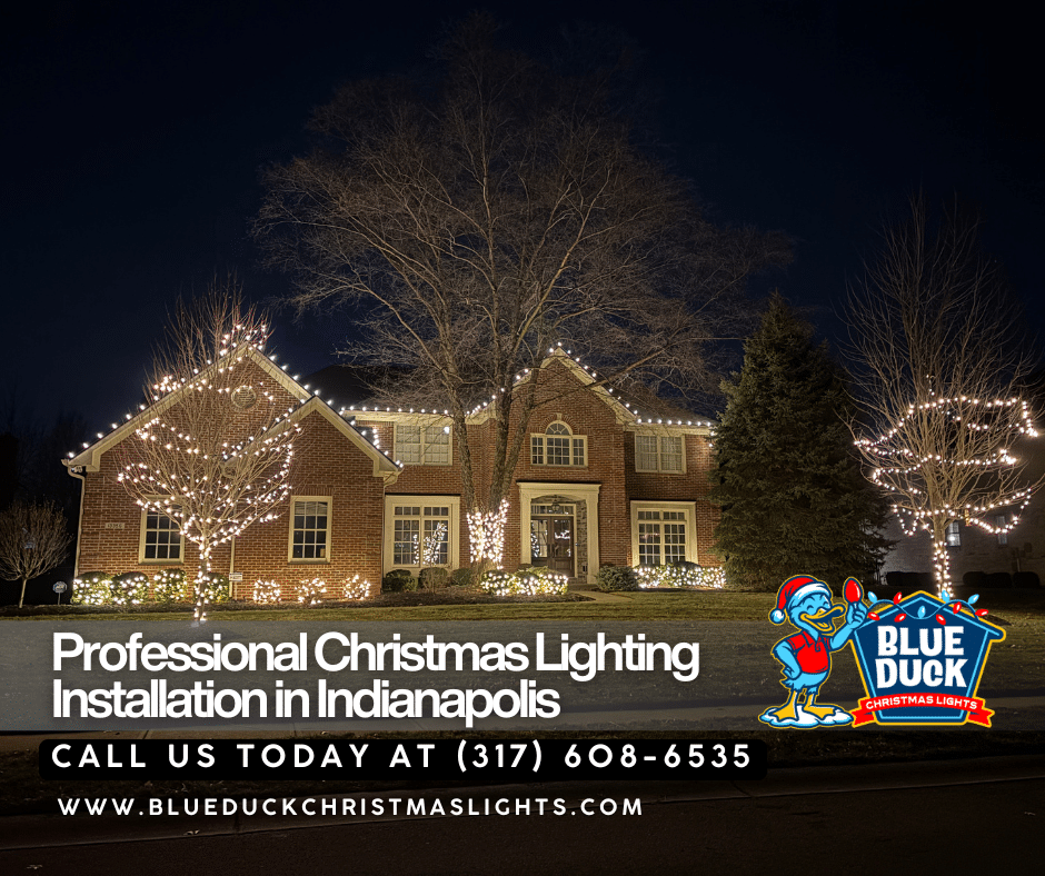 Professional Christmas lighting by Blue Duck transforms this Indianapolis home with neat roofline illumination, wrapped trees, and perfectly placed landscape lighting.