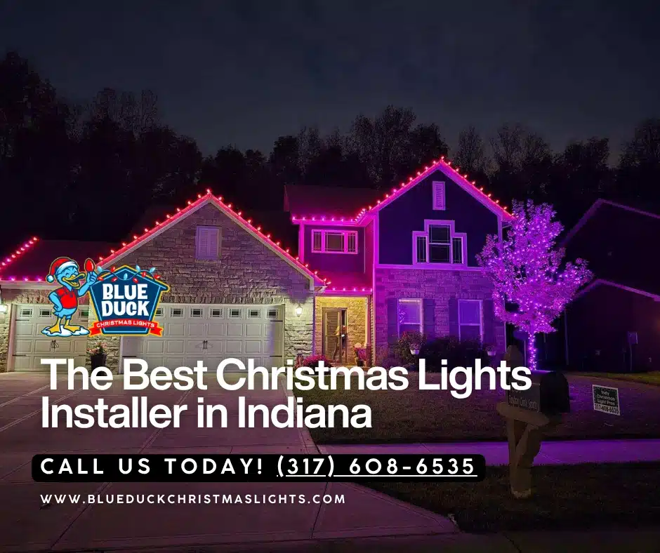 This beautifully lit Carmel home showcases professional Christmas lights from Blue Duck, featuring roofline illumination, wrapped trees, and custom wreaths starting at $500.