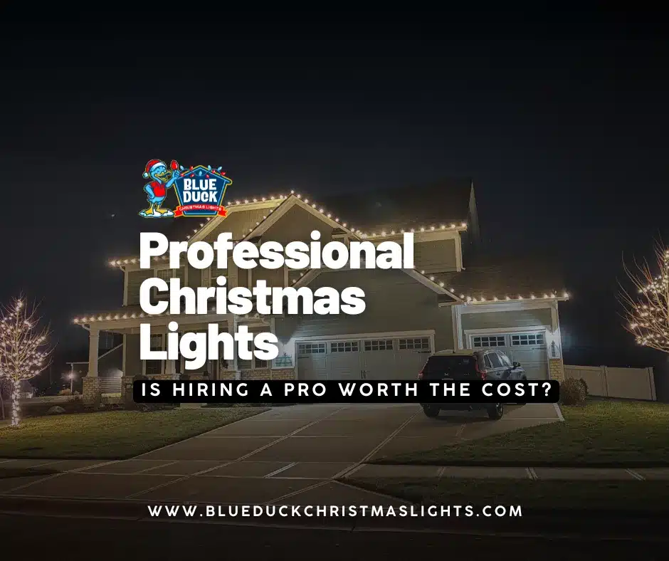 Professional Christmas lights from Blue Duck transformed this Carmel home with exterior lighting, tree & shrub lighting, and Christmas wreaths for a stunning holiday display.