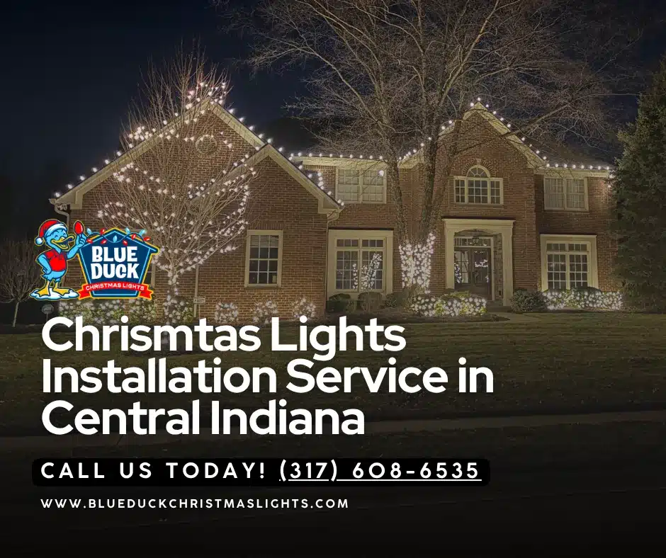 This stunning home in Carmel, Central Indiana features professional Christmas lights installation from Blue Duck with roofline illumination, wrapped trees, and oversized wreaths that transform the home for the holiday season.