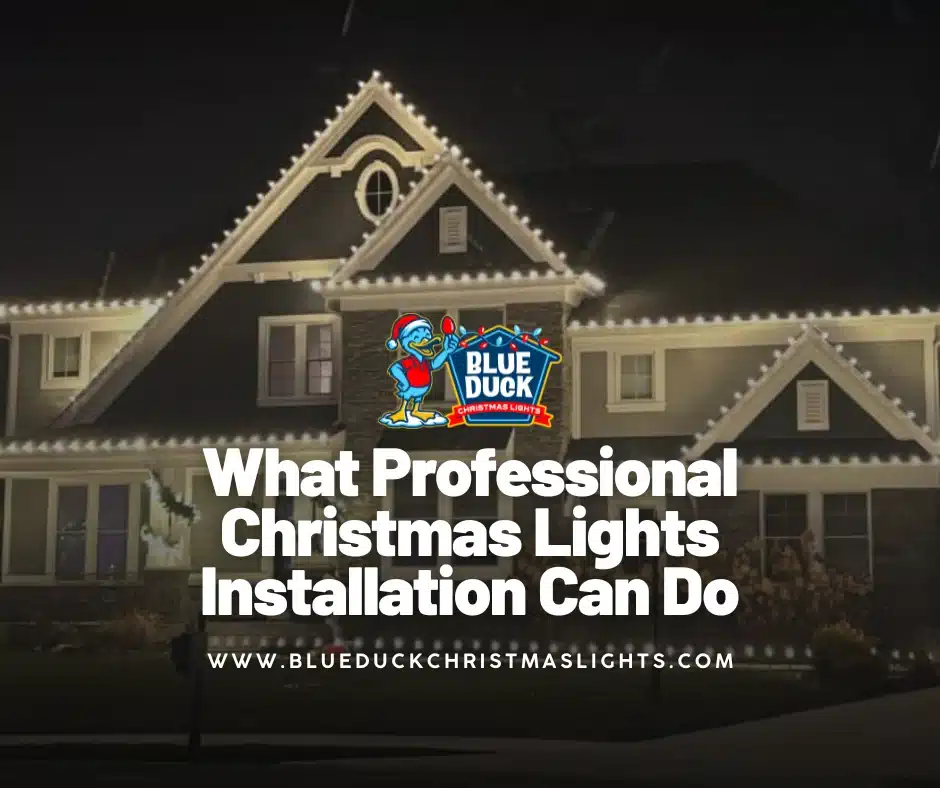 A beautifully decorated Indianapolis home showing what professional Christmas lights installation can do, with custom exterior lighting, tree & shrub lighting, and Christmas wreaths from Blue Duck Christmas Lights.
