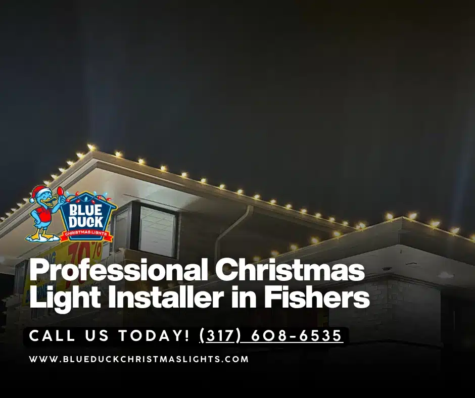 This beautifully lit home in Fishers, Indiana showcases the work of a professional holiday lighting service, featuring roofline illumination, wrapped trees, and custom wreaths from Blue Duck Christmas Lights.