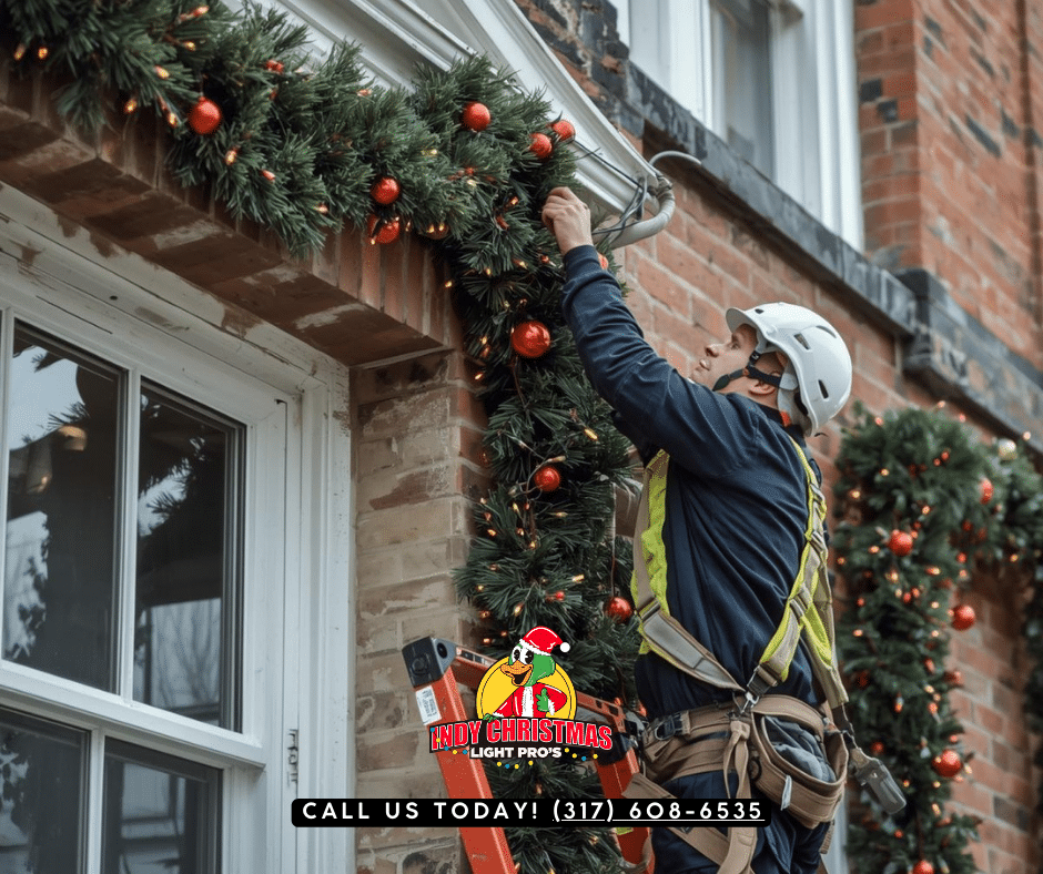 Indy Christmas Lights Pros Technician safely removing Christmas lights and wreaths of an Indiana home with professional equipment.