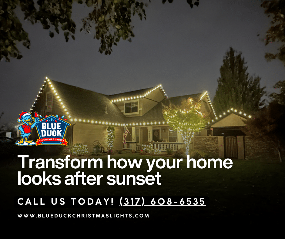 Blue Duck Christmas Lights installed residential roofline lighting on this Indianapolis property, creating a stunning frame that complements the exterior lighting and enhances the home's natural beauty.