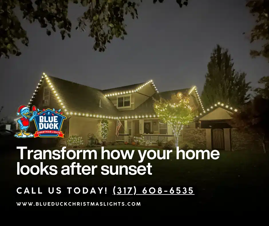 Blue Duck Christmas Lights installed residential roofline lighting on this Indianapolis property, creating a stunning frame that complements the exterior lighting and enhances the home's natural beauty.