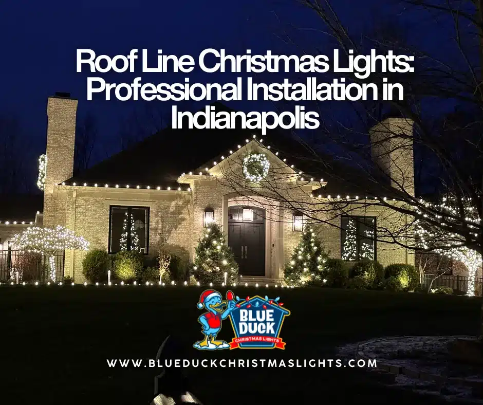 This beautifully lit home in Indianapolis features roof line Christmas lights, wrapped trees, and holiday wreaths, all professionally installed by Blue Duck Christmas Lights.