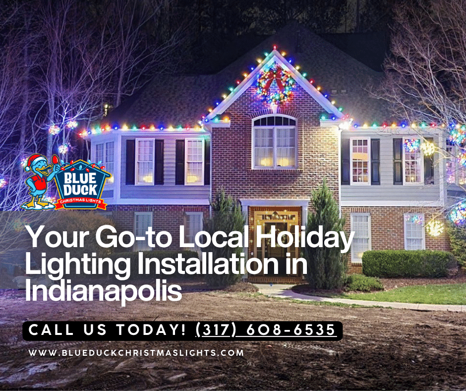 Professional multi-colored roof line Christmas lights from Blue Duck anchor this Indianapolis home's exterior lighting.