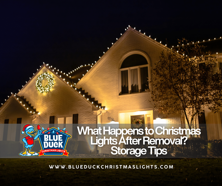 Festive holiday lighting display of an Indianapolis home by Blue Duck Christmas Lights demonstrating that what happens to Christmas lights after removal determines how they perform next season.