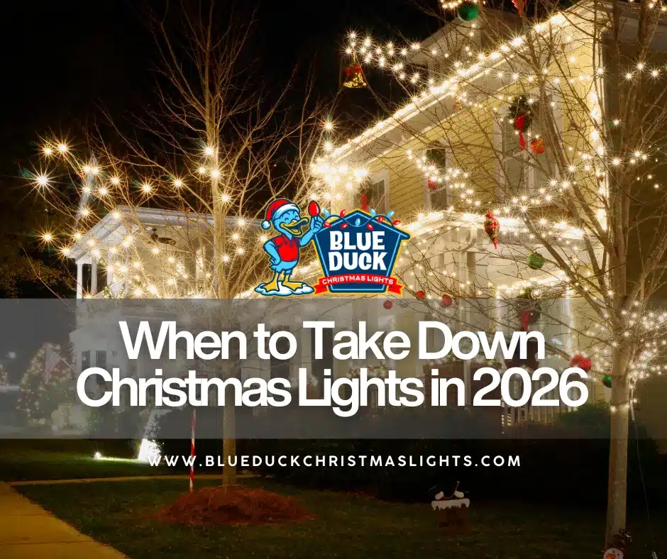 A beautifully lit Indianapolis home with a professional Christmas light display by Blue Duck Christmas Lights, with homeowner wondering when to take down Christmas lights in 2026.